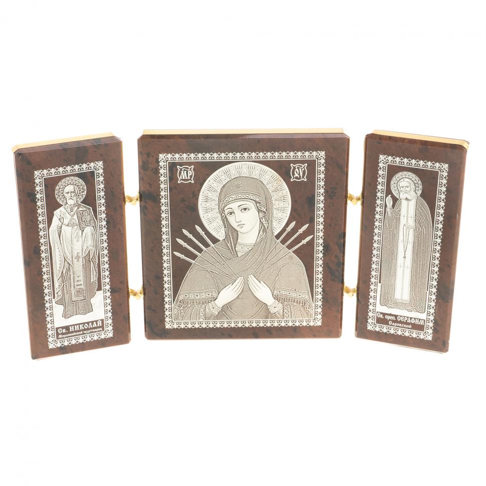 Икона складная триптих "Семистрельная БМ, Св. Николай, Св. Серафим" камень обсидиан фото 1 — 