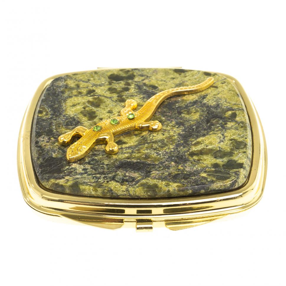 Зеркальце закругленное из змеевика с ящерицей цвет золото фото 1 — 
