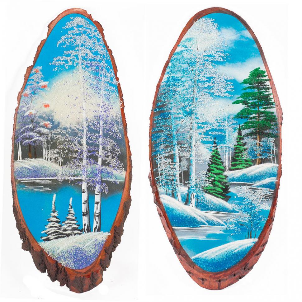 Панно на срезе дерева "Зима" вертикальное 80-85 см каменная крошка фото 1 — 