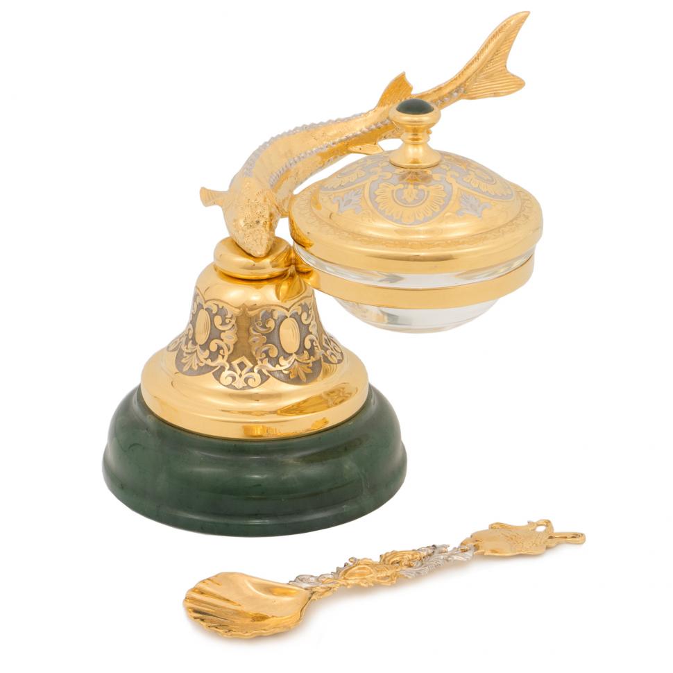 Икорница из нефрита "Колокольчик" с ложечкой Златоуст фото 1 — 