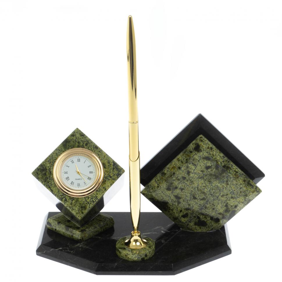 Визитница "Куб" с часами камень змеевик фото 1 — 