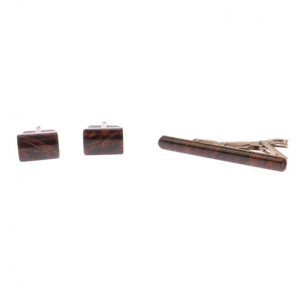 Набор запонки прямоугольные и зажим для галстука камень обсидиан фото 1 — 