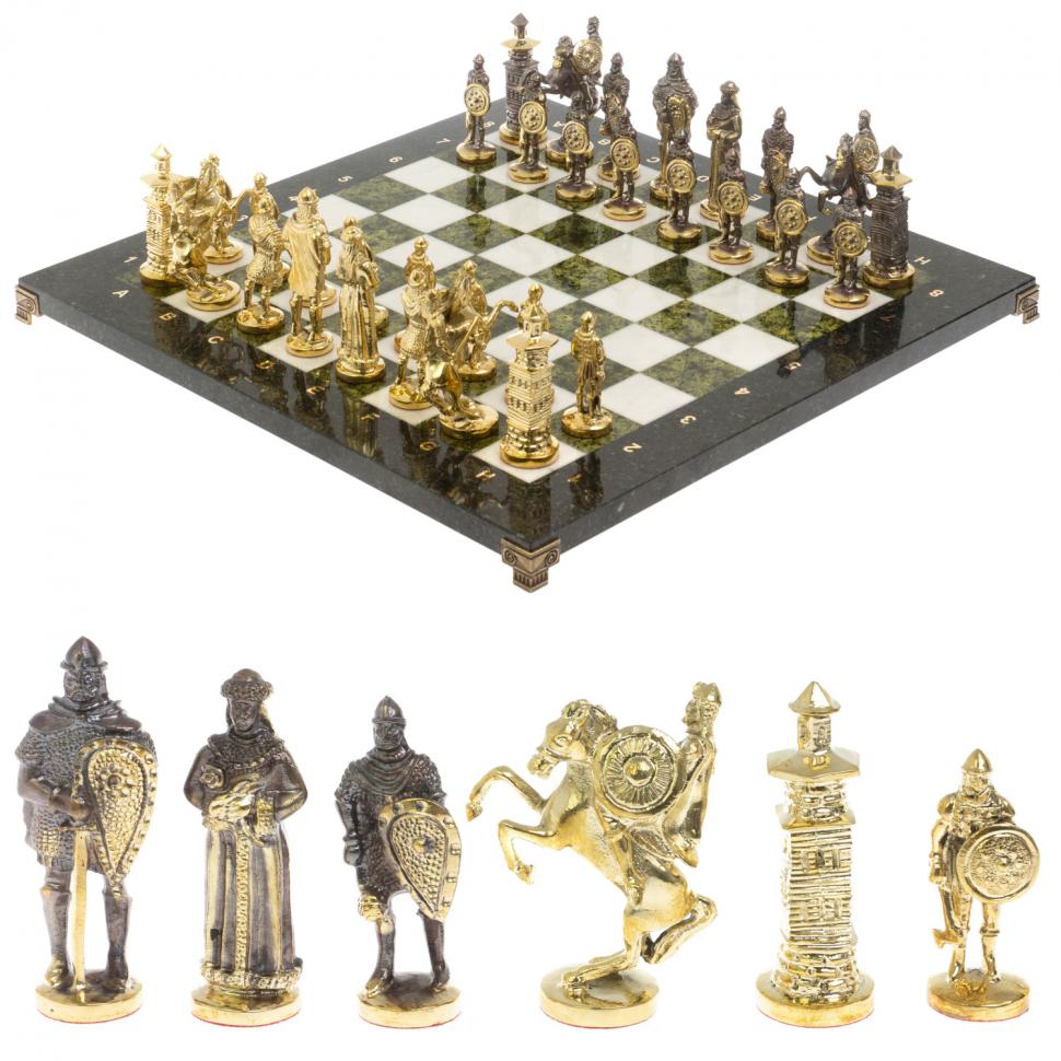 Шахматы подарочные "Богатыри" из мрамора и змеевика 44х44 см фото 1 — 