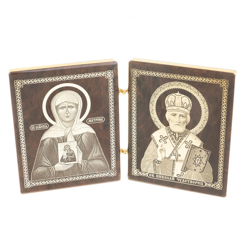 Икона складная "Матрона, Николай" камень обсидиан фото 1 — 