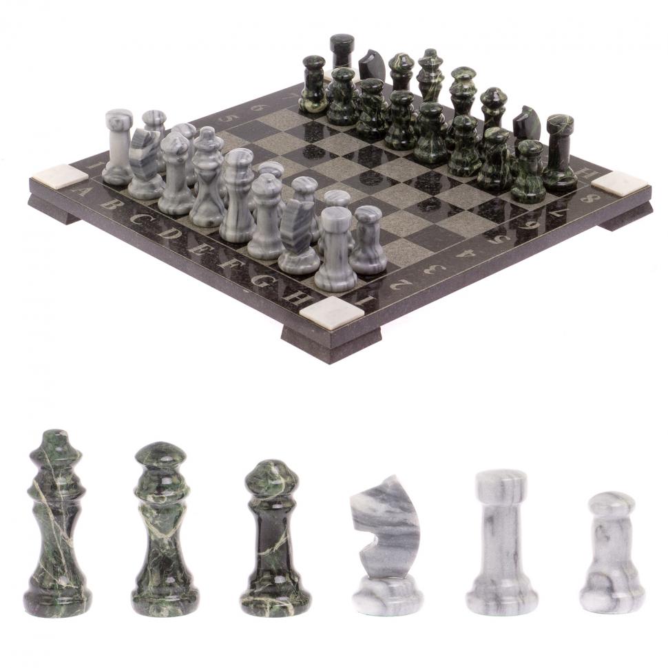 Шахматы с гравировкой "Турнирные" доска 36х36 змеевик серый мрамор фото 1 — 