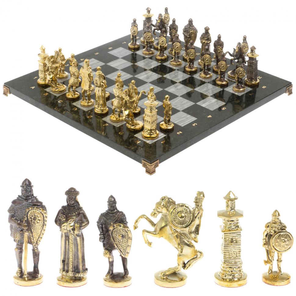 Шахматы подарочные "Богатыри" из змеевика и серого мрамора 44х44 см фото 1 — 
