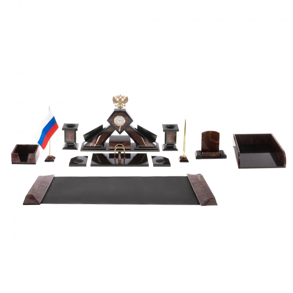 Письменный набор из лемезита "Герб РФ" с лотком для бумаг и ковриком фото 1 — 