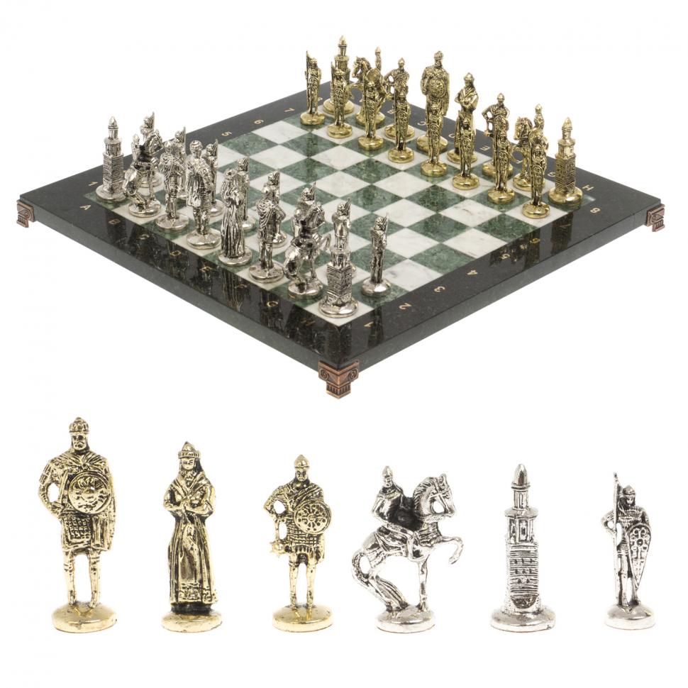 Подарочные шахматы "Русь" доска 40х40 см мрамор шабровский змеевик фото 1 — 