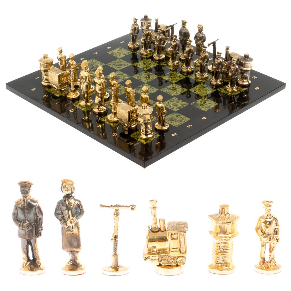 Бронзовые шахматы "Железнодорожники" доска 40х40 см змеевик фото 1 — 