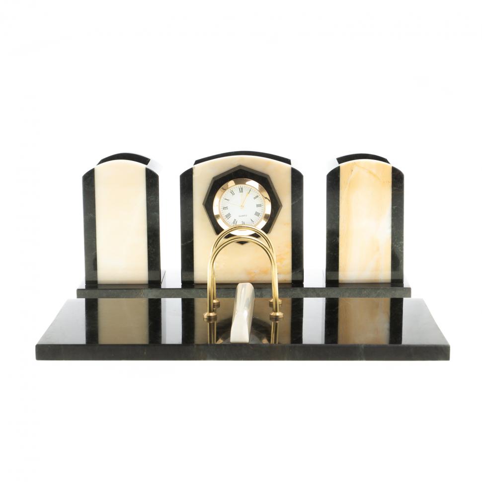 Настольный набор "Канцелярский" из мрамора с часами фото 1 — 