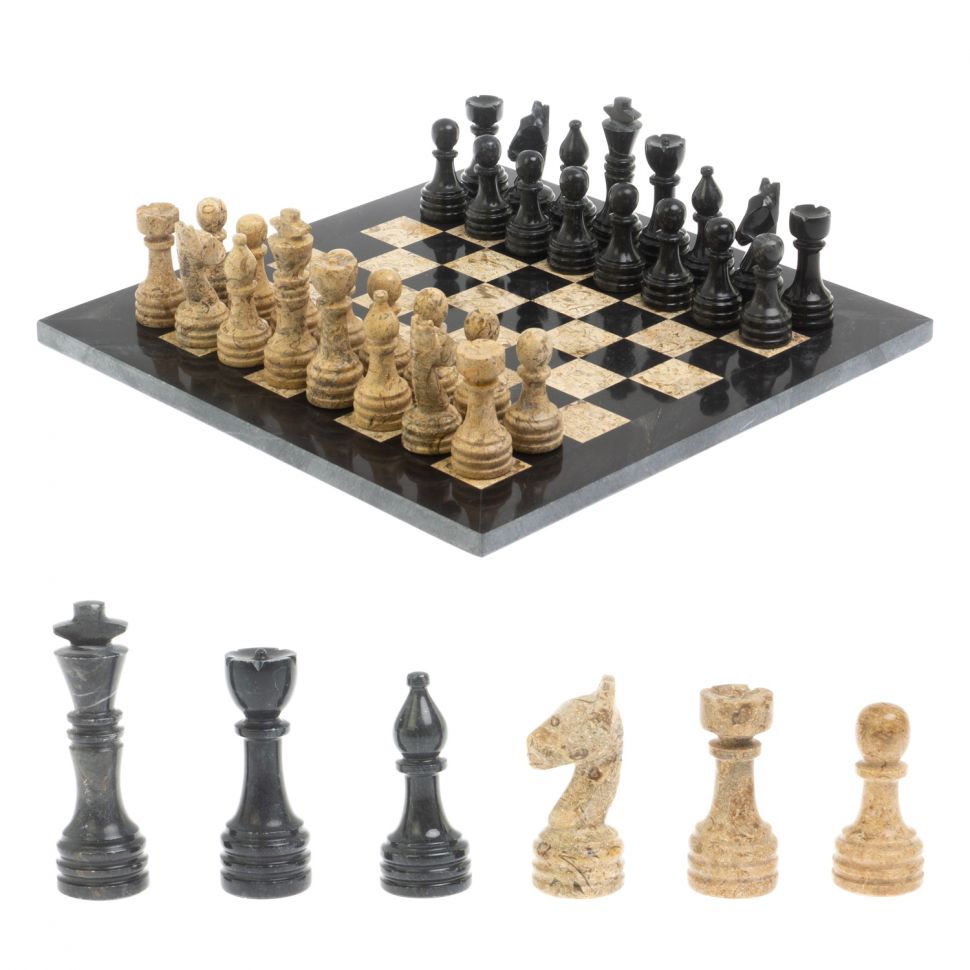 Каменные шахматы "Дебют"  доска 30х30 см мрамор ракушечник фото 1 — 