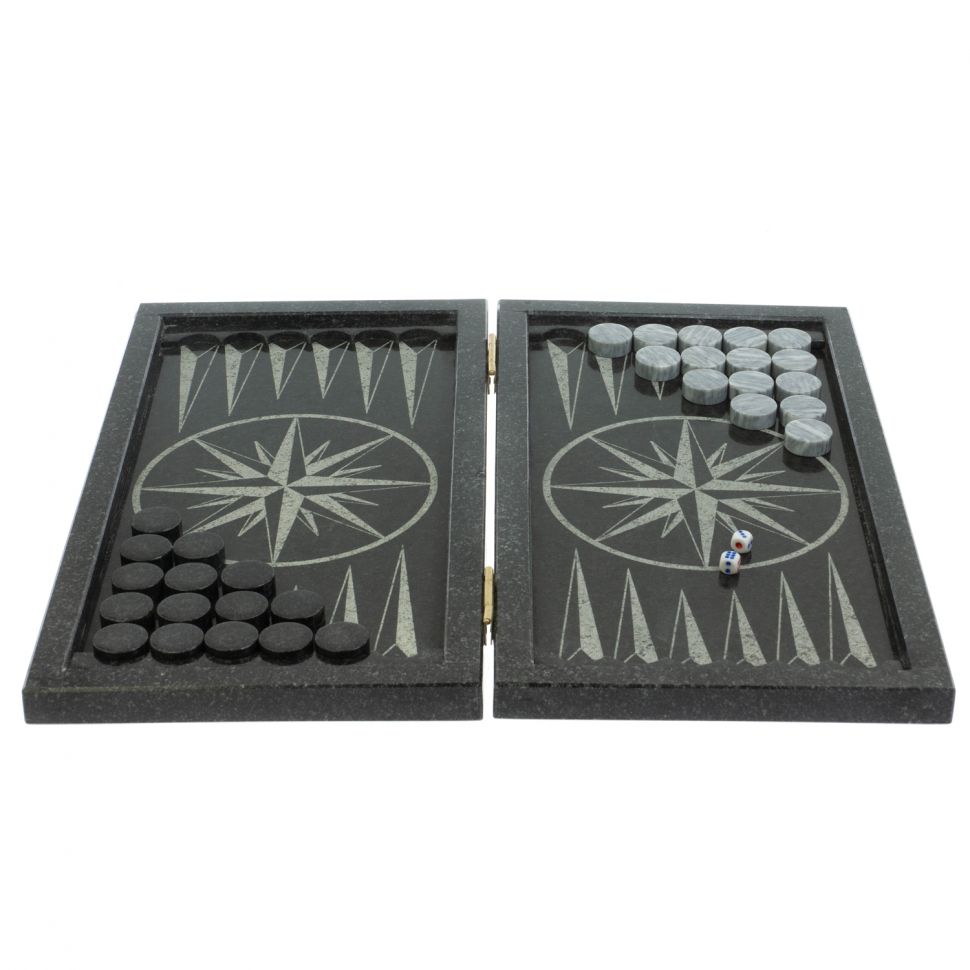 Нарды каменные "Волк и медведь. Роза ветров" из габбро-диабаза фото 1 — 