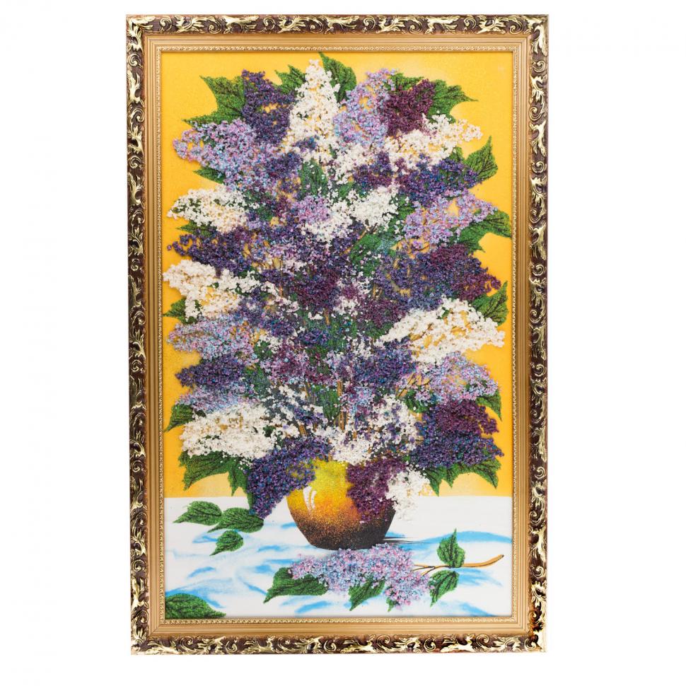 Картина из каменной крошки "Сирень в вазе" багет 89х59 см желтый фон фото 1 — 