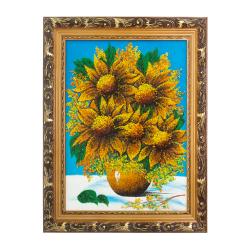 Картина с рисунком из камня &quot;Подсолнухи в вазе&quot; в багете 36х46 см сиреневый фон — 