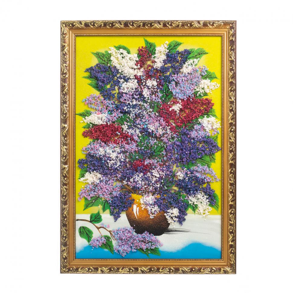 Картина из каменной крошки "Сирень в горшке" багет 49х69 см желтый фон фото 1 — 