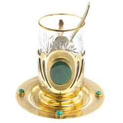 Чайная пара &quot;Малахитовая&quot; тарелка и подстаканник с ложкой Златоуст — 