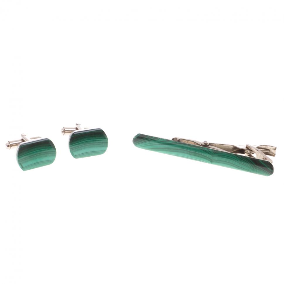 Набор запонки закругленные и зажим для галстука малахит фото 1 — 