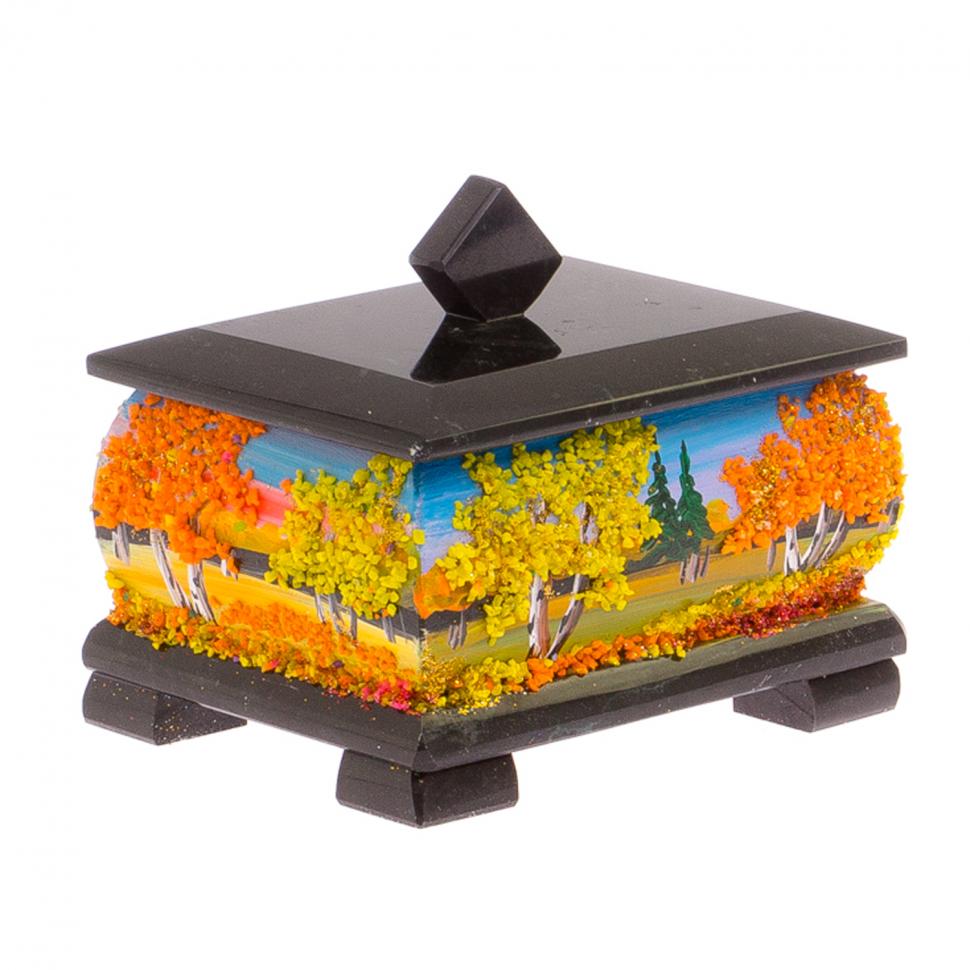 Шкатулка из черного змеевика "Осенний пейзаж" 12х10х9,5 см фото 1 — 
