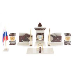 Настольный канцелярский набор с гербом и флагом России камень креноид и белый мрамор — 