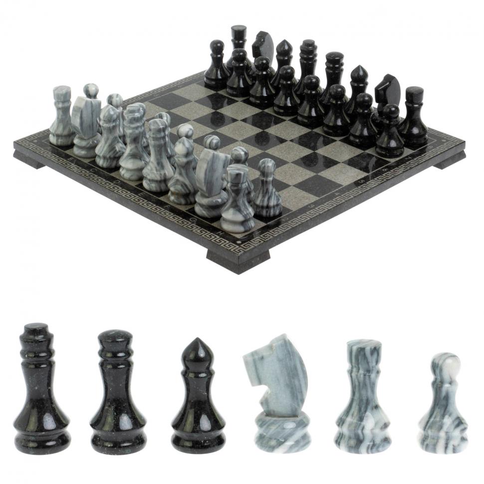 Шахматы с гравировкой "Греческий орнамент" доска 40х40 см змеевик / серый мрамор фото 1 — 