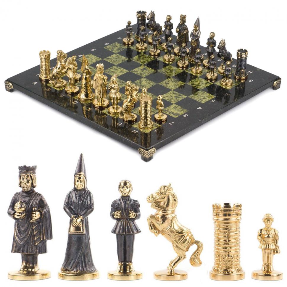 Шахматы подарочные "Камелот" из бронзы и змеевика 40х40 см фото 1 — 