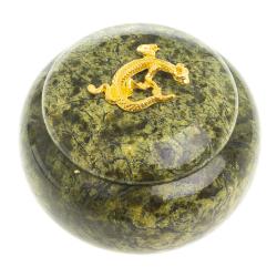 Шкатулка круглая с ящерицей камень змеевик 8х8х6,5 см — 