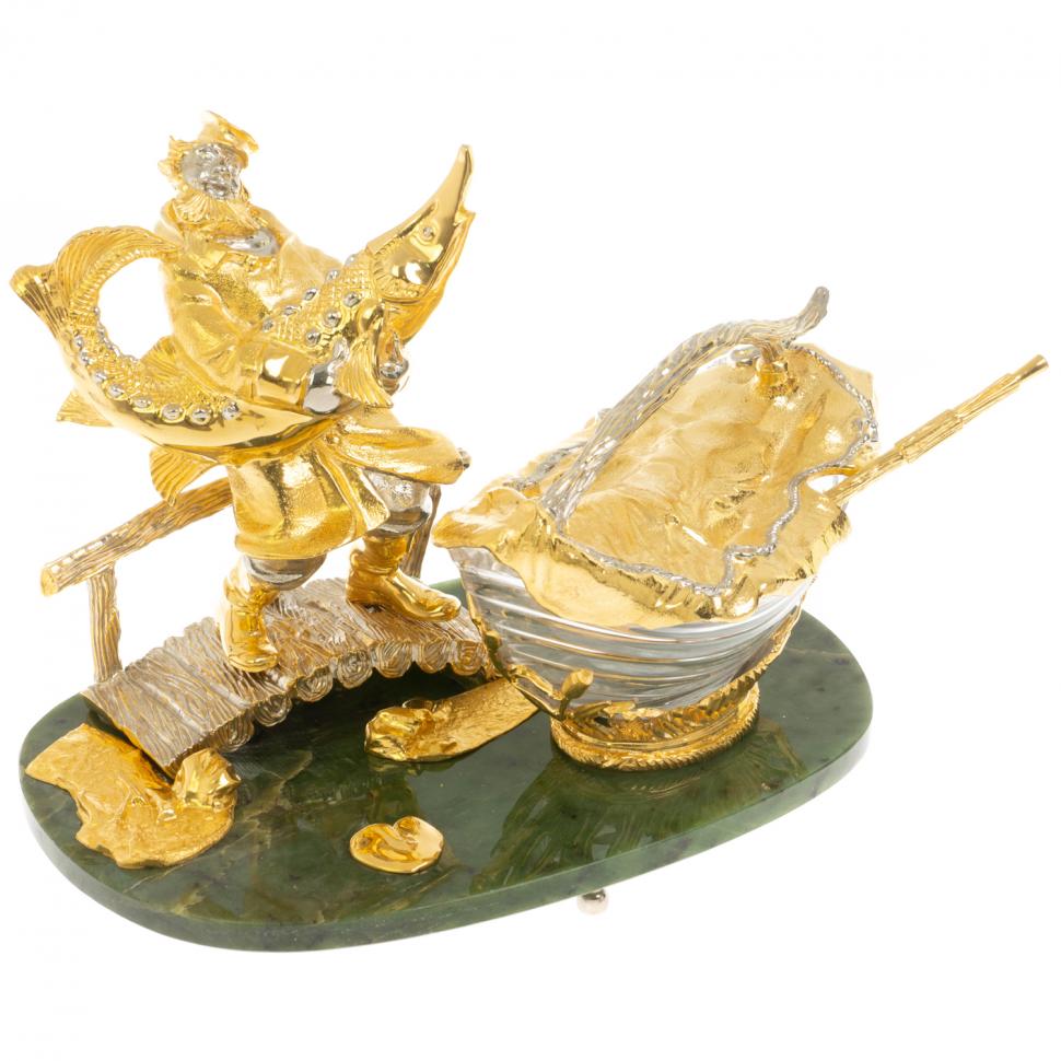 Икорница "Дед с осетром" из нефрита с ложкой Златоуст фото 1 — 