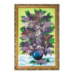 Картина &quot;Натюрморт сирень&quot; из каменной крошки на зеленом фоне багет 57х87 см — 