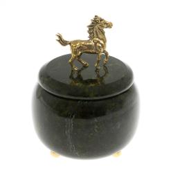 Шкатулка круглая &quot;Лошадка&quot; бронза змеевик 8х8х8,5 см — 