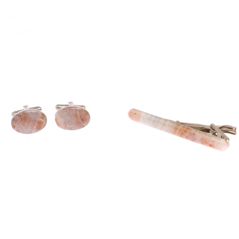 Набор запонки овальные и зажим для галстука камень агат фото 1 — 