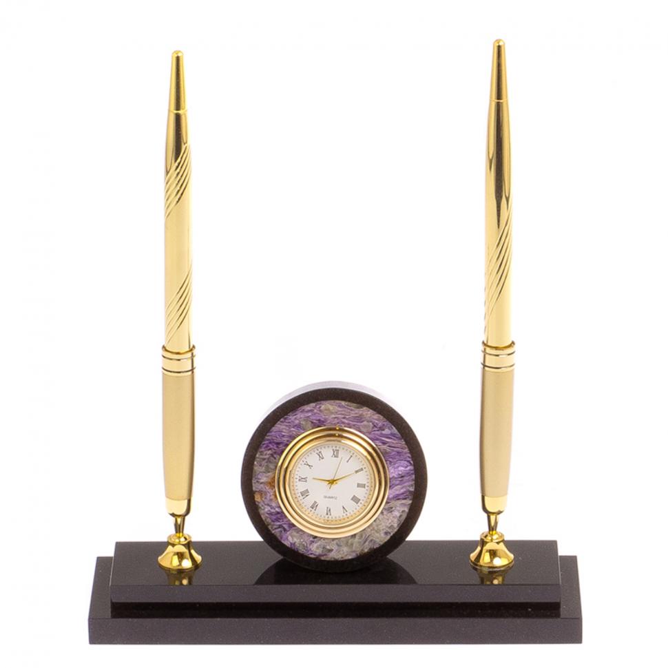 Часы настольные с двумя ручками камень чароит фото 1 — 