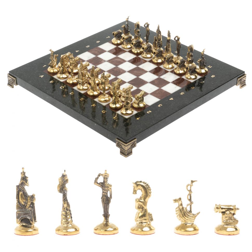 Шахматы "Итальянская война" фигуры бронза доска 28х28 см из мрамора и лемезита фото 1 — 