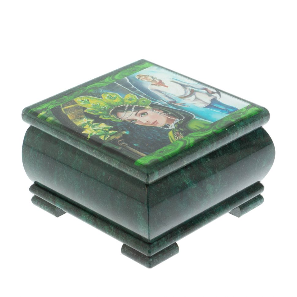 Шкатулка "Хозяйка медной горы и Данила мастер" камень змеевик 13х13х8 см фото 1 — 