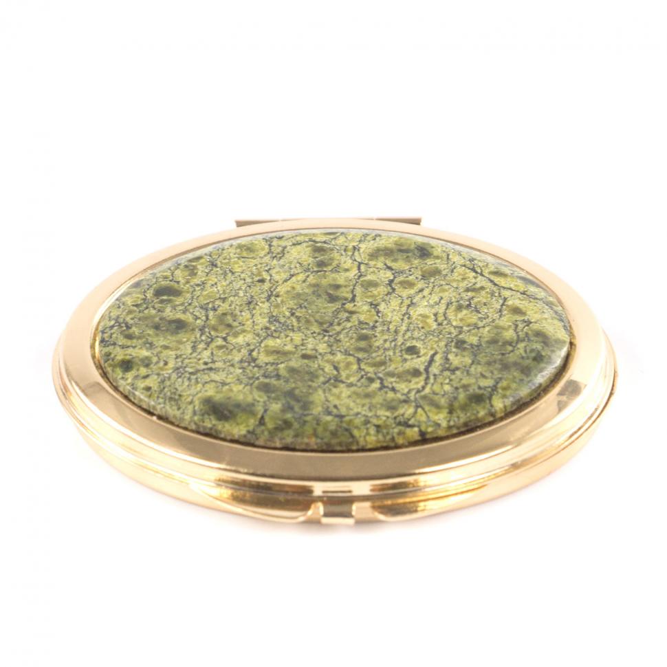 Зеркальце карманное овальное из змеевика золотистое фото 1 — 