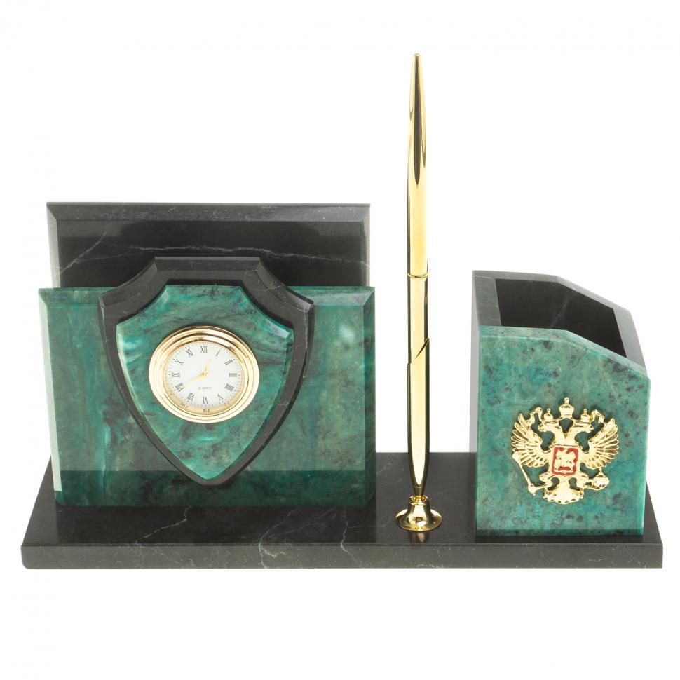 Настольная визитница "Щит" из темно-зеленого змеевика фото 1 — 