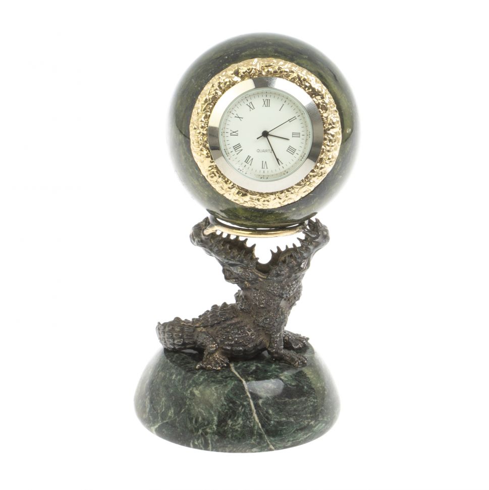 Настольные часы шар "Крокодил" из камня и бронзы фото 1 — 