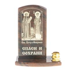 Икона с подсвечником &quot;Св. Петр и Св. Феврония&quot; камень обсидиан — 