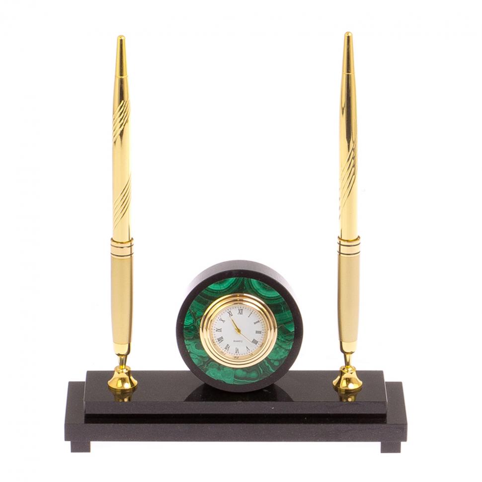 Часы настольные с двумя ручками камень малахит фото 1 — 