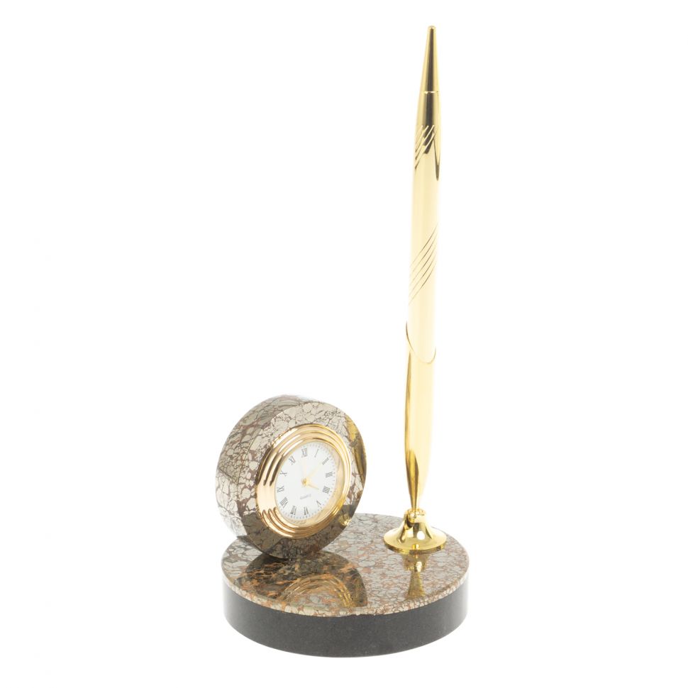 Подставка под ручку с часами "Сияние" из пирита 8,5х8,5х21 см фото 1 — 