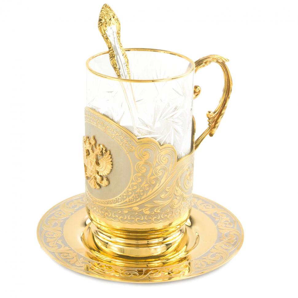 Чайная пара "Гербовая" подстаканник 260 мл на блюдце с ложкой Златоуст фото 1 — 