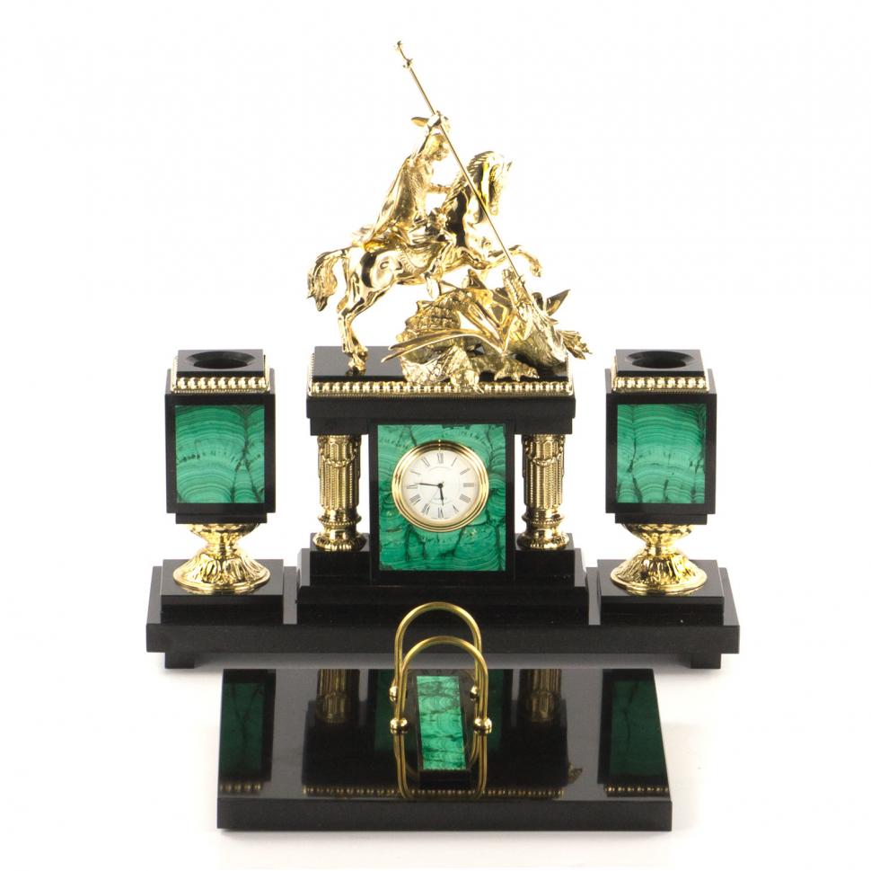 Письменный набор "Георгий Победоносец" из камня малахит с бронзой фото 1 — 