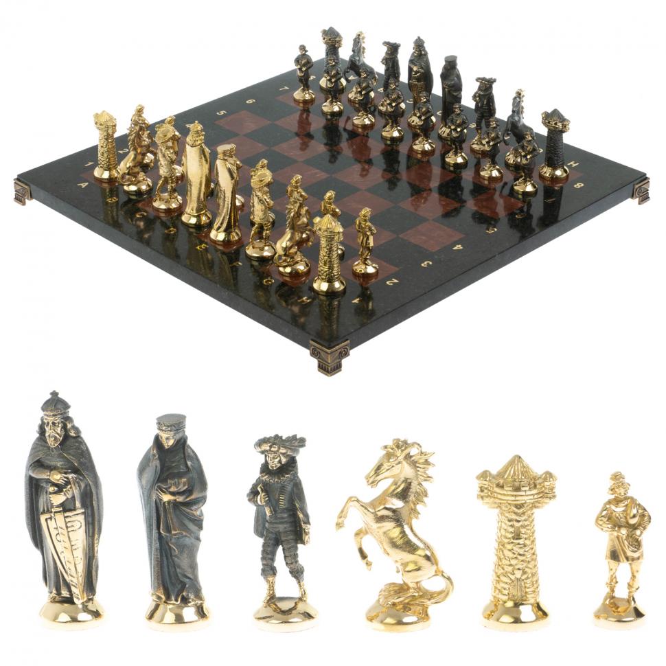 Шахматы "Средневековье" доска 40х40 см из змеевика и лемезита фото 1 — 