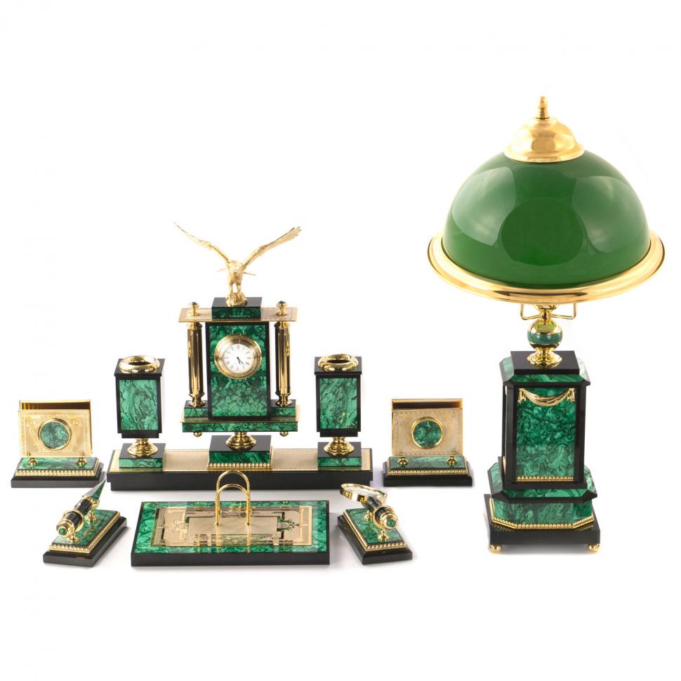 Письменный набор "Сенатор" с лампой камень малахит Златоуст фото 1 — 