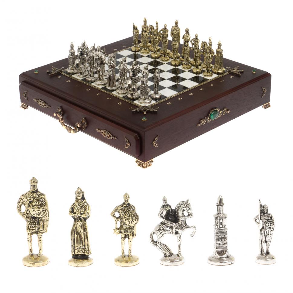 Шахматы деревянные с камнем "Русь" фигуры металлические фото 1 — 