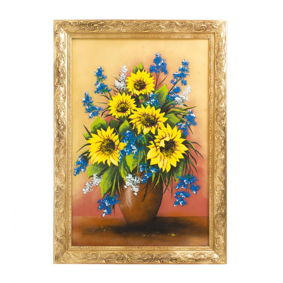 Картина из каменной крошки "Букет с подсолнухами" багет 49х69 см фото 1 — 