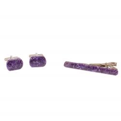 Набор запонки закругленные и зажим для галстука камень чароит — 