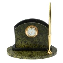 Визитница настольная для бумаг с часами и ручкой / змеевик — 