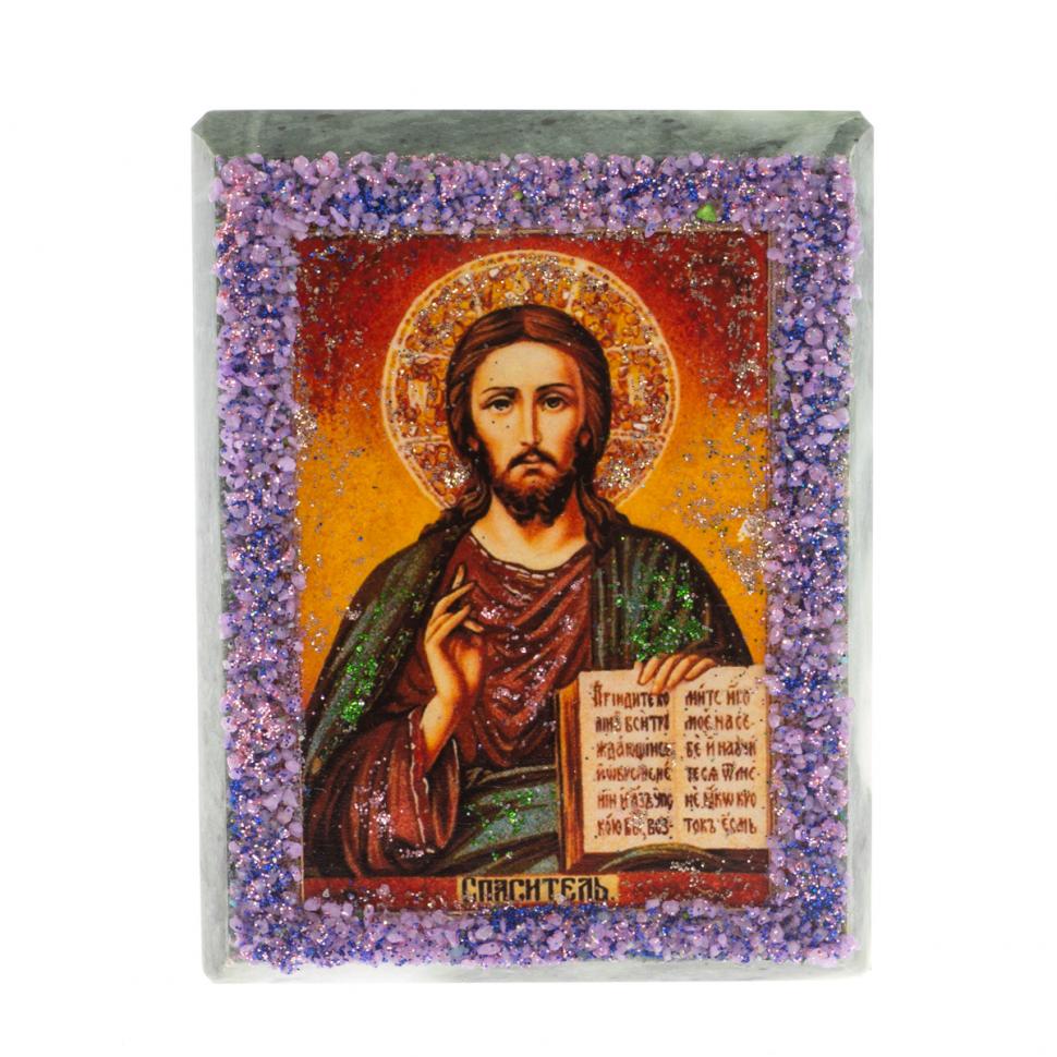 Икона настольная "Спаситель" камень змеевик 9х7,2х3 см фото 1 — 