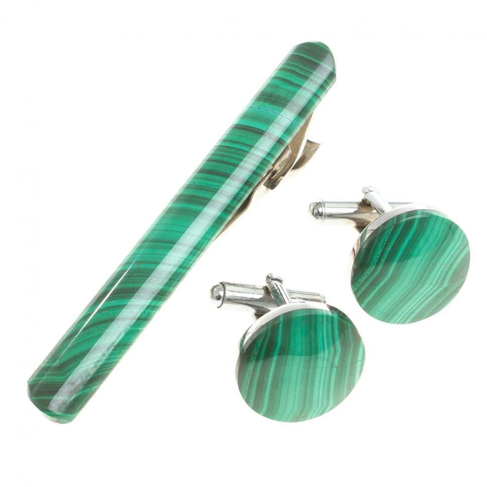 Набор запонки круглые и зажим для галстука малахит фото 1 — 