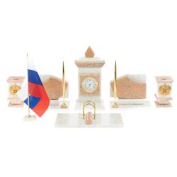Письменный прибор с гербом и флагом России камень розовый мрамор — 